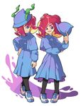  black_legwear blue_dress blue_hat capelet closed_mouth cosplay dress full_body green_eyes hand_on_hip harry_potter hat holding kelp looking_at_viewer makeup mascara multiple_girls octarian octoling open_mouth pantyhose red_hair school_uniform shoes smile splatoon_(series) splatoon_1 standing tentacle_hair white_background white_footwear witch_hat wong_ying_chee 