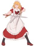 apron blonde_hair commentary dress english_commentary frills full_body highres legs_apart maid maid_apron maid_headdress mefomefo multiple_swords pantyhose red_dress shoes short_sleeves simple_background solo sword touhou touhou_(pc-98) weapon yellow_eyes yumeko 