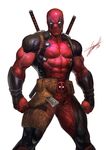  abs clenched_hands deadpool gun heewon_lee highres holster katana male_focus marvel muscle pouch serious shiny shiny_clothes signature solo superhero sword weapon 