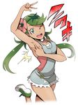  ;d armpits bad_anatomy dark_skin double_v flower green_eyes green_hair hair_flower hair_ornament long_hair mao_(pokemon) one_eye_closed open_mouth pokemon pokemon_(game) pokemon_sm sian smile solo spread_armpit trial_captain twintails v 