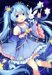  blue_eyes blue_hair bunny detached_sleeves dress fingerless_gloves gloves hatsune_miku hikariin25 long_hair looking_at_viewer open_mouth snowflakes star star_night_snow_(vocaloid) twintails very_long_hair vocaloid wand yuki_miku yukine_(vocaloid) 