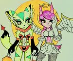  anthro blush breasts camel_toe carol_tea cleavage clothed clothing duo feline female freedom_planet fur green_fur hair halloween halo holidays mammal navel nipple_bulge pink_hair sash_lilac spade_tail the0neleviafun video_games wildcat wings 