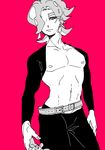  belt contrapposto cowboy_shot eyebrows greyscale hair_over_one_eye kajiro_(chips) looking_to_the_side male_focus monochrome nagatekkou octarian octoling pink_background shirtless solo splatoon_(series) splatoon_1 standing tentacle_hair thick_eyebrows 