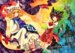  acrylic_paint_(medium) animal_ears bad_id bad_pixiv_id blonde_hair bow brown_hair cat_ears cat_tail chen dress fang fox_tail gap hands_in_opposite_sleeves hat hat_with_ears jewelry knees_up light_particles long_sleeves looking_at_viewer mob_cap multicolored multicolored_background multiple_girls multiple_tails open_mouth orange_eyes parted_lips paw_pose pillow_hat puffy_short_sleeves puffy_sleeves qqqrinkappp rainbow_background red_dress red_footwear ribbon sample shoes short_hair short_sleeves single_earring stone_lantern tabard tail tassel texture touhou traditional_media white_dress wide_sleeves yakumo_ran yellow_eyes 