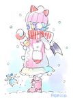  bat_wings blue_dress blush character_name cirno dress from_side holding morino_hon multiple_girls open_mouth pom_pom_(clothes) remilia_scarlet scarf sketch snow snow_boots snowball snowing touhou wings 