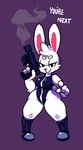  anthro boots breasts clothed clothing cupcake_(oriole) english_text female footwear gun half-closed_eyes lagomorph leotard looking_at_viewer mammal mangneto pointing pointing_at_viewer purple_background rabbit ranged_weapon simple_background smile smoke solo standing text thick_thighs weapon wide_hips 