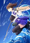  bow_(weapon) brown_eyes brown_hair commentary_request flight_deck hakama_skirt highres inu3 japanese_clothes kaga_(kantai_collection) kantai_collection long_hair muneate quiver side_ponytail smile solo tasuki thighhighs weapon 