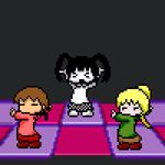  &gt;_&lt; 3girls dancing gobou_(gobou-san) madotsuki monoko multiple_girls open_mouth poniko school_uniform twintails yume_nikki 