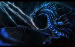  ambiguous_gender black_bars blue_scales claws digital_media_(artwork) dragon feral horn isvoc lightning long_horn membranous_wings night nude outside raining scales solo wings 