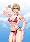  1girl abs bikini blonde_hair breasts female green_eyes muscle navel r3ydart short_hair solo 