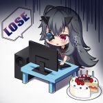  1girl birthday_cake black_hair black_sailor_collar black_shirt blush cake candle commentary_request computer copyright_request english_text eyepatch food fruit happy highres keyboard_(computer) long_hair monitor open_mouth parutoneru red_eyes sailor_collar school_uniform serafuku shirt solo strawberry table tears very_long_hair 