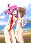  ass_visible_through_thighs asymmetrical_docking beach braid breast_press breasts brown_hair center_opening cleavage cloud covered_navel day glasses green_eyes hair_bobbles hair_ornament kimura_takahiro large_breasts multiple_boys multiple_girls navel outdoors pink_hair red_swimsuit rimless_eyewear short_hair sky strap_pull swimsuit water white_swimsuit 