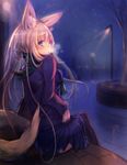  ahoge animal_ears antenna_hair blonde_hair blue_eyes blurry blush breath coat depth_of_field enpera fox fox_ears lamppost long_hair looking_back mizunoto_nozumi original outdoors scarf sitting solo tail thighhighs tree winter winter_clothes winter_coat 