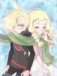  1girl blonde_hair brother_and_sister closed_eyes dress gladio_(pokemon) green_eyes hair_over_one_eye lillie_(pokemon) long_hair pokemon pokemon_(game) pokemon_sm scarf siblings 