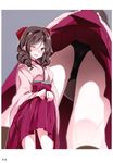  ass_visible_through_thighs black_panties blurry blush brown_hair depth_of_field drill_hair hair_ornament harukaze_(kantai_collection) highres japanese_clothes jpeg_artifacts kantai_collection kimono lifted_by_self mtu_(orewamuzituda) multiple_views non-web_source nose_blush one_eye_closed open_mouth panties standing underwear 
