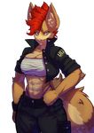  2016 abs anthro big_breasts blue_eyes breasts canine chest_wraps clothed clothing female fennec fox fur hair jacket jayecho looking_at_viewer mammal penny_(tits) red_hair smile solo tan_fur thong trials_in_tainted_space video_games wraps 