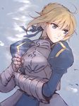  ahoge armor armored_dress artoria_pendragon_(all) blonde_hair blouse dress excalibur fate/stay_night fate_(series) gauntlets green_eyes hair_ribbon holding holding_sword holding_weapon invisible_air knight looking_to_the_side nochi_(jyunchi) puffy_sleeves ribbon saber solo sword weapon 