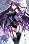  bare_shoulders black_gloves black_legwear bloodline breasts daisy_(bloodline) gauntlets gloves green_eyes holding holding_weapon image_sample iotower long_hair mace pixiv_sample purple_hair solo thighhighs two_side_up weapon 