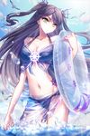  bare_shoulders bikini bird bloodline blue_bikini blue_sky boat breasts cleavage cloud daisy_(bloodline) day green_eyes groin image_sample innertube iotower long_hair looking_at_viewer midriff navel ocean outdoors pixiv_sample purple_hair sailboat seagull see-through sky solo standing swimsuit very_long_hair wading watercraft 
