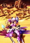  armor armored_dress blonde_hair death griselda_(odin_sphere) gwendolyn multiple_girls musumi_renga odin_sphere purple_hair siblings sisters tears yellow_background 