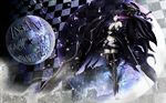  armor belt black_hair black_rock_shooter boots burning_eye chain coat highres insane_black_rock_shooter laughing long_hair loose_belt purple_eyes scar solo sword takonasu twintails very_long_hair wallpaper weapon 