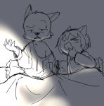  2017 anthro bed bedding blanket canine cat clothing cub digital_media_(artwork) dog duo eyes_closed feline fur hair loose_shirt lying male mammal manmosu_marimo off_shoulder open_mouth pillow shota_feline_(marimo) shrug simple_background sitting sketch white_background white_canine_(marimo) yawn young 