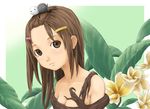  bad_id bad_pixiv_id bare_shoulders brown_eyes brown_hair face flower hair_ornament hairclip leaf long_hair original roots solo ss39 