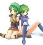  artist_request bandana black_panties blue_eyes blue_footwear blush boots braid fire_emblem fire_emblem:_rekka_no_ken green_eyes green_hair hair_over_shoulder hairband multiple_girls nino_(fire_emblem) panties pantyshot pantyshot_(sitting) pencil_skirt rebecca_(fire_emblem) short_hair sitting skirt striped striped_panties twin_braids twintails underwear 