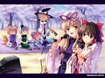  6+girls alcohol blonde_hair blush bottle brown_hair cherry_blossoms detached_sleeves dress drunk fox_tail hakurei_reimu hanami hands_in_opposite_sleeves hat highres hitodama karaoke katana kirisame_marisa konpaku_youmu konpaku_youmu_(ghost) long_hair long_sleeves md5_mismatch microphone multiple_girls multiple_tails o_o petals pillow_hat red_eyes saigyouji_yuyuko scabbard sheath short_hair short_sleeves silver_hair sitting sword tabard tail tassel touhou tree trigram wallpaper weapon white_hair wide_sleeves witch_hat xiaojing yakumo_ran yakumo_yukari yellow_eyes 