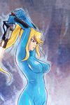  blonde_hair blue_bodysuit blue_eyes bodysuit breasts large_breasts latex long_hair metroid michael ponytail samus_aran shiny shiny_clothes skin_tight solo tsurime zero_suit 