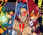  1girl 2boys adjusting_eyewear all-out_attack bandages bikini_top blue_hair clenched_hand cut-in drill fingerless_gloves gloves goggles hair_ornament kamina kamina_shades mk-u_(ninja-) multiple_boys parody persona persona_4 ponytail red_hair scarf shooting_glasses simon sunglasses tengen_toppa_gurren_lagann yoko_littner 