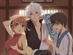  2boys bad_id bad_pixiv_id baozi blue_eyes blush brown_eyes brown_hair china_dress chinese_clothes dress food gintama hadanugi_dousa japanese_clothes kagura_(gintama) kimono lips long_sleeves multiple_boys nayu orange_hair red_eyes sakata_gintoki shimura_shinpachi short_hair short_sleeves silver_hair smile 