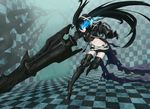  armor belt black_hair black_rock_shooter blue_eyes boots burning_eye chain checkered gauntlets greaves highres huge_weapon insane_black_rock_shooter long_hair loose_belt midriff navel pale_skin scar shorts solo stitches thigh_boots thighhighs twintails weapon yuun 