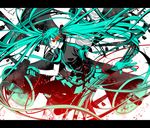  aircraft airplane aqua_hair b-52_stratofortress bad_id bad_pixiv_id bird bomber gloves glowing glowing_eyes hatsune_miku headphones headset koi_wa_sensou_(vocaloid) long_hair megaphone military military_vehicle necktie red_eyes skirt solo thighhighs twintails very_long_hair vocaloid yuuno_(yukioka) 