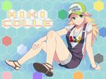  arm_support blonde_hair breasts feet full_body green_eyes hat highres hoshii_miki idolmaster idolmaster_(classic) large_breasts legs long_hair overalls sandals sitting smile solo toenail_polish toenails toes tokita_arumi 