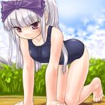 3.1-tan all_fours barefoot bow dd_(ijigendd) hair_bow long_hair one-piece_swimsuit os-tan red_eyes school_swimsuit silver_hair solo swimsuit 