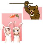  4chan ana_coppola animal_ears barasui bear bunny_ears carrot cosplay highres ichigo_mashimaro itou_chika kigurumi kuma multiple_girls pedobear stick third-party_edit 