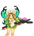  blonde_hair bow_(weapon) braid butterfly_wings crossbow flower hair_flower hair_ornament long_hair mercedes odin_sphere pointy_ears puff_and_slash_sleeves puffy_sleeves red_eyes simosi simple_background solo twin_braids weapon white_background wings 