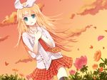  bad_id bad_pixiv_id blonde_hair blue_eyes cloud cloudy_sky flower hair_ornament hair_ribbon hairclip hands_on_own_chest kagamine_rin koi_na_nairo_(vocaloid) long_hair necktie parted_lips petals ribbon shiramori_yuse skirt sky solo sunset treble_clef vocaloid wind 