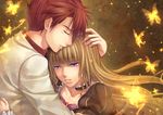  1girl beatrice blonde_hair blue_eyes bug butterfly chobipero choker closed_eyes couple dress hair_down hand_on_another's_head hetero highres hug insect red_hair umineko_no_naku_koro_ni ushiromiya_battler 