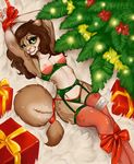 2016 anthro armpits arms_above_head arms_tied big_eyes bound breasts brown_fur brown_hair canine christmas christmas_tree clothing english_text eyelashes female fennec fluffy fluffy_tail fox fur garter_belt garter_straps gift green_eyes hair hi_res holidays hybrid legs_tied legwear lingerie long_hair lying mammal multicolored_fur nipples on_back panties pink_nipples ribbons seductive shelf_bra signature smile solo stockings sweltering tan_fur text tree two_tone_fur underwear young zoe_(nightshade89) 