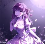  1girl blush bow breasts cleavage collarbone commentary dress elbow_gloves fate/stay_night fate_(series) frilled_dress frills full_moon gloves hair_bow hand_up heaven&#039;s_feel index_finger_raised long_hair matou_sakura medium_breasts moon nyanya petals puffy_short_sleeves puffy_sleeves purple_eyes purple_hair red_bow short_sleeves solo twitter_username white_dress white_gloves 