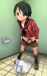 belt black_legwear boots brown_shorts cubicle dressing green_eyes green_footwear green_hair gunshou indoors jacket kantai_collection looking_at_viewer mogami_(kantai_collection) neckerchief open_fly panties panty_pull pussy red_jacket school_uniform short_hair shorts shorts_pull slit_pupils socks solo squat_toilet standing tile_floor tiles toilet_paper unbuckled_belt underwear unzipped white_panties 