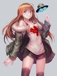  ahoge blood blood_splatter breasts cleavage fur_trim glasses headphones jacket long_hair looking_at_viewer md5_mismatch medium_breasts necronomicon_(persona_5) off-shoulder_shirt omoti_(1201208) orange_hair persona persona_5 red_eyes sakura_futaba shirt shorts simple_background smile solo thighhighs ufo 