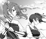  bow_(weapon) greyscale hair_ribbon japanese_clothes kaga_(kantai_collection) kantai_collection long_hair momijiyoung monochrome multiple_girls muneate ribbon side_ponytail twintails weapon white_ribbon zuikaku_(kantai_collection) 