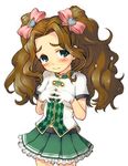  blush bow brown_hair fingers_together gloves green_eyes green_skirt hair_bow heart idolmaster idolmaster_cinderella_girls kusakabe_wakaba long_hair looking_at_viewer marching_melodies nametake pink_bow skirt solo standing thick_eyebrows white_gloves 