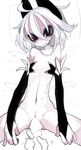  1boy 1girl bottomless catysummer flat_chest hikimayu imminent_sex imminent_vaginal long_gloves lying navel on_back on_bed original pale_skin partially_colored penis petite pussy smile white_background white_hair 