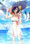  1girl absurdres alternate_costume bare_arms bare_shoulders bikini bird blue_eyes blurry blurry_background breasts cloud cloudy_sky collarbone commentary_request cup day dress drink feet_out_of_frame flower g4265059 hair_flower hair_ornament hair_over_one_eye hand_on_headwear hat highres holding holding_cup in_water kirishima_touka large_breasts looking_at_viewer no_bra ocean outdoors purple_hair seagull see-through short_hair sky solo standing sun_hat sundress swimsuit tokyo_ghoul tokyo_ghoul:re translation_request water water_drop white_bikini_bottom white_dress 