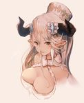  bangs bare_shoulders breasts cleavage commentary draph granblue_fantasy hair_between_eyes hair_ornament hat horns izmir large_breasts long_hair looking_at_viewer pointy_ears simple_background smile solo yoo_(tabi_no_shiori) 