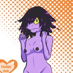  &lt;3 2012 alternate_version_available amphibian anthro areola blush breasts dotted_background english_text female frog green_eyes hair hair_over_eye inkyfrog looking_at_viewer nipples nude pattern_background purple_hair purple_skin simple_background small_breasts solo standing text webbed_hands yellow_sclera 